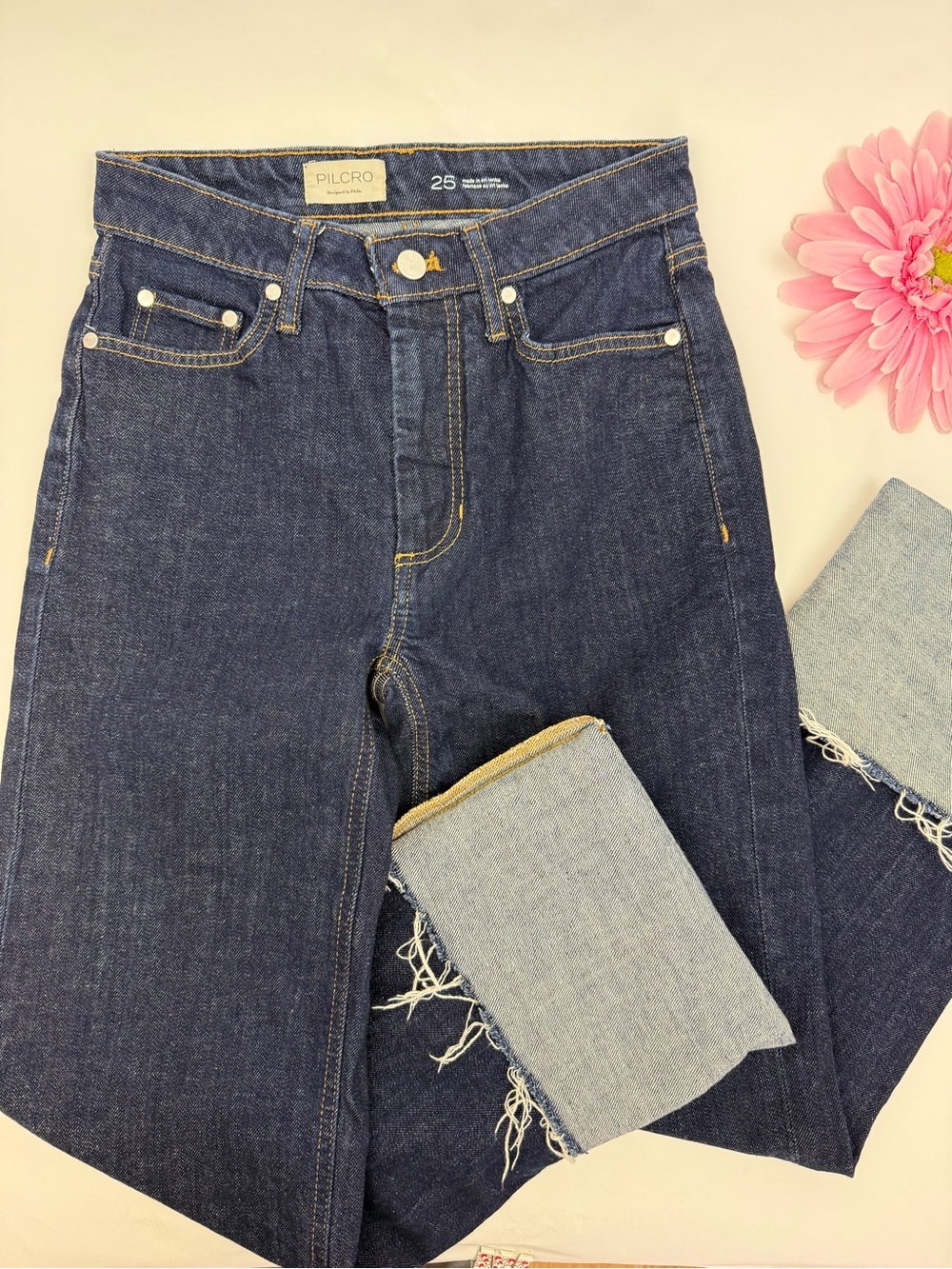 Pilcro X Anthropologie High Rise Cuffed Jeans Dark Wash Straight Wide Leg - Picture 6 of 16
